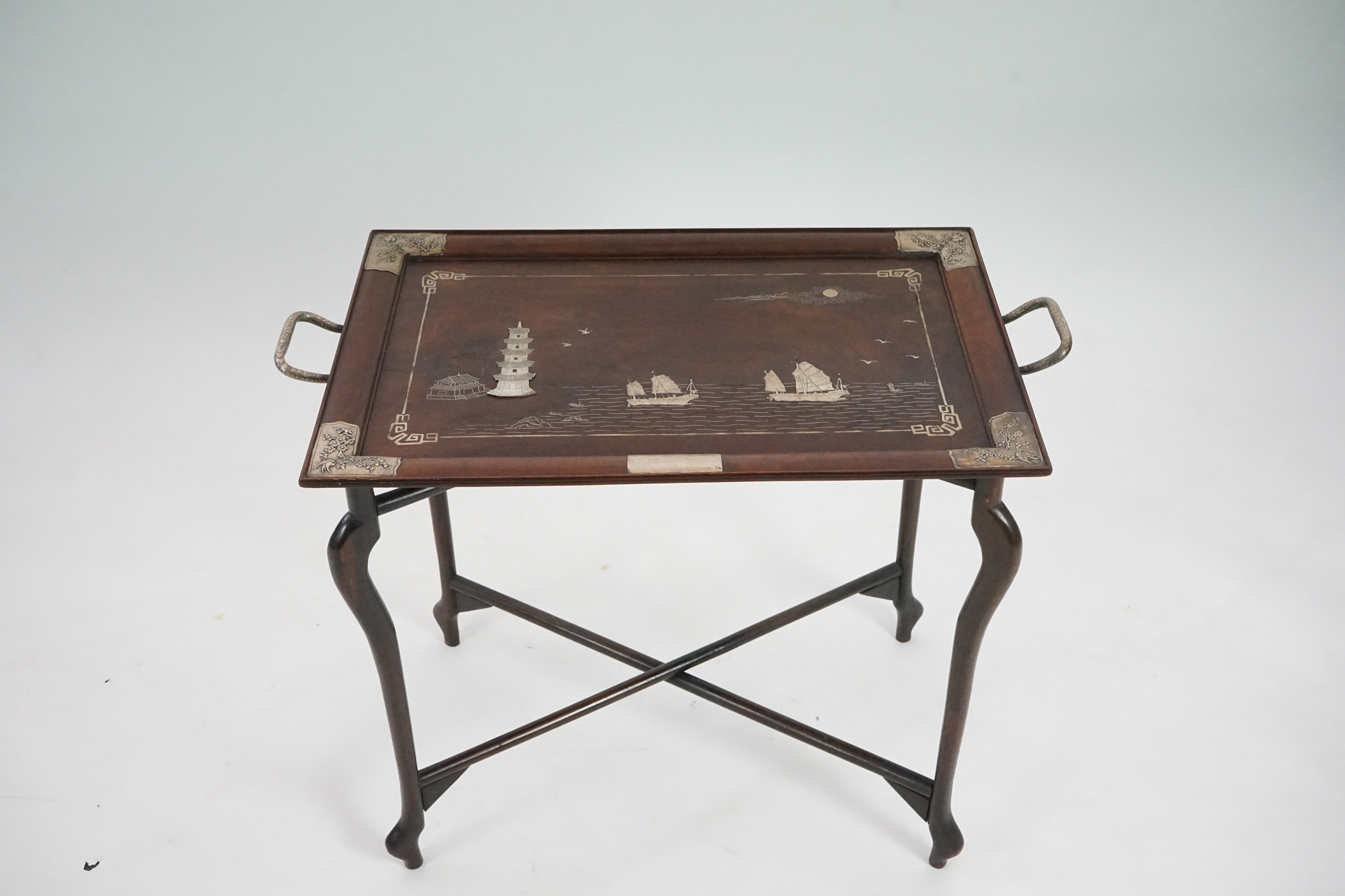 A large Chinese hongmu and silver mounted tray and stand, c.1900-10